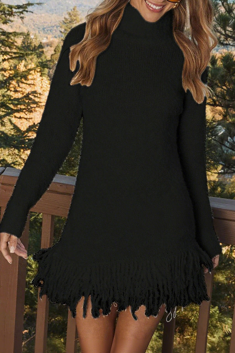 （ In stock）Women Turtleneck Tassel Knitted Sweater Dress