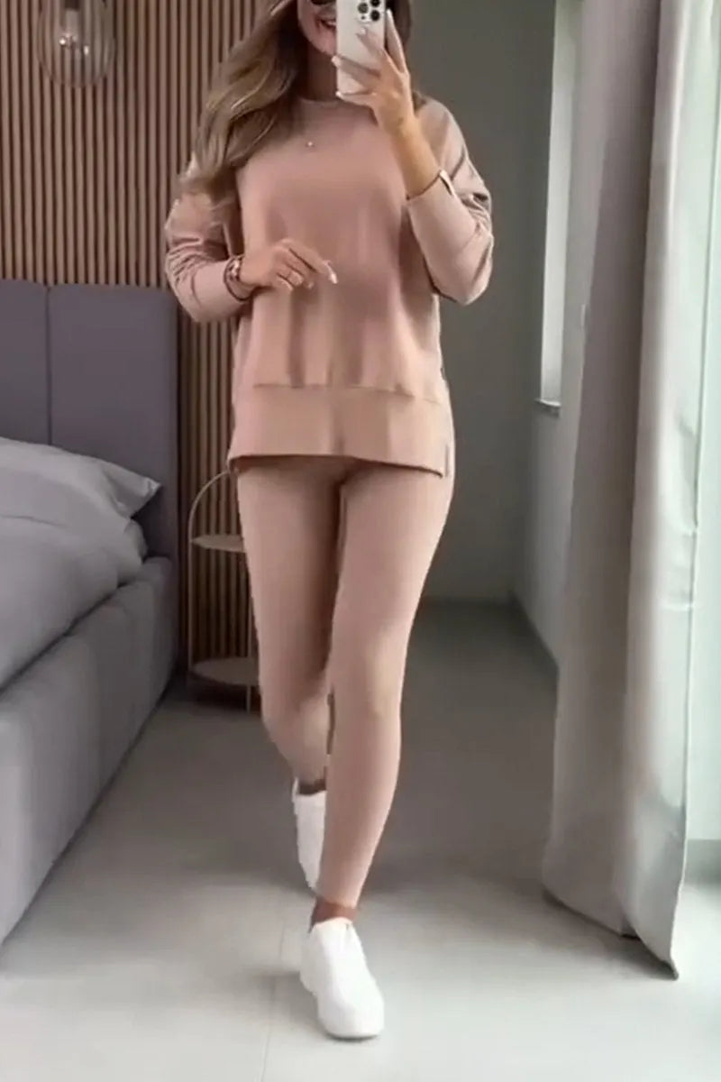 Women's Casual Round Neck Solid Color Side Opening Two Piece Suit