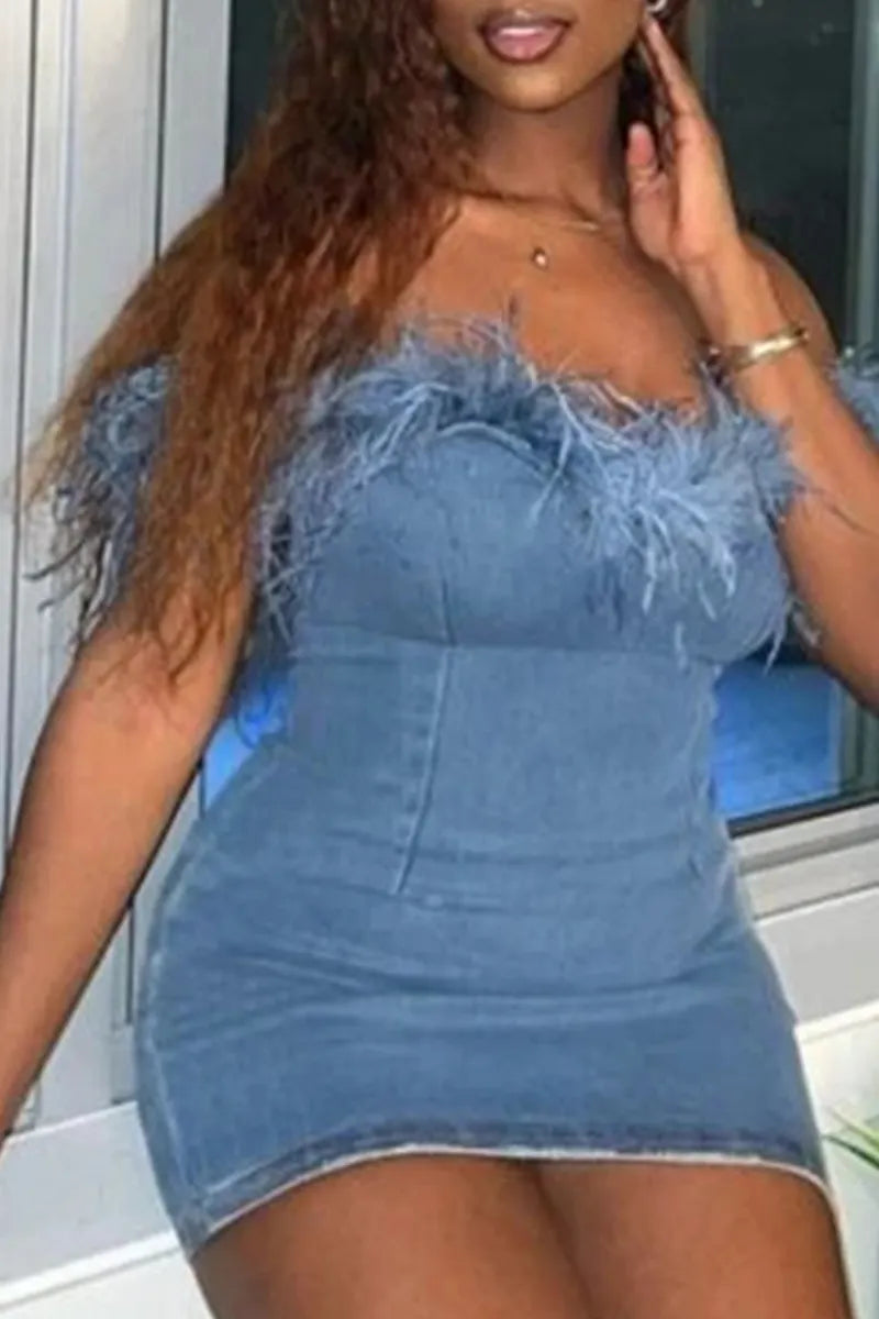 Women's Faux Furtrimmed Short Denim Party Dress