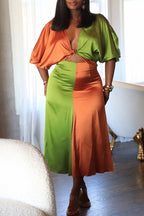 Women's Color Block Satin Two-Piece Set, Knotted Crop Top And Flared Mid Skirt