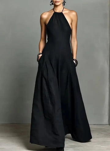 Women Neck Hanging Sleeveless Solid Color Casual Dress with Temperament