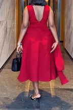 Women's Elegant Side-Tie Cutout-Neckline Midi Dress