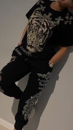 Women Round Neck Rhinestone Pattern Casual Suit