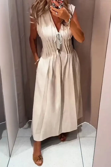 Women Deep V-neck Cinched Waist Elegant Casual Maxi Dresses