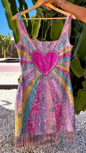 Women Camisole Colorful Sequin Patchwork Tassel Vacation Casual Dress