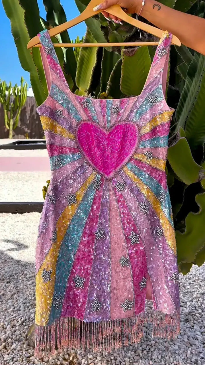 Women Camisole Colorful Sequin Patchwork Tassel Vacation Casual Dress