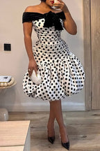 Women's Retro Polka Dot Ruched Midi Dress with Velvet Off-the-Shoulder Neckline