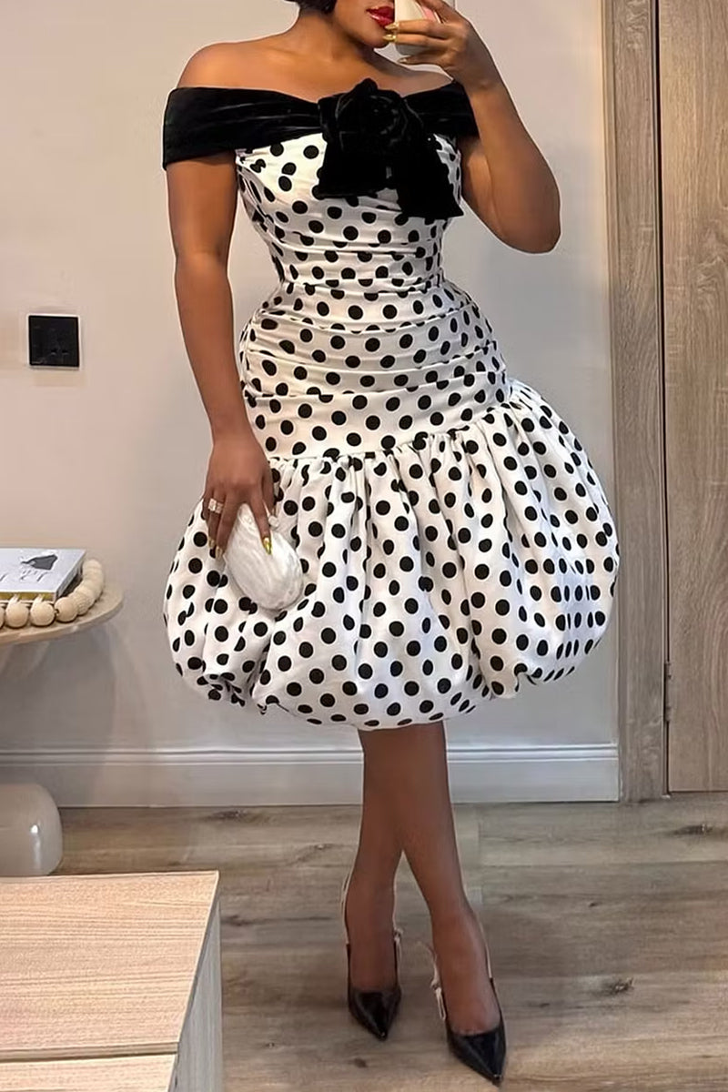 Women's Retro Polka Dot Ruched Midi Dress with Velvet Off-the-Shoulder Neckline
