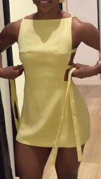 Women Waist Strap Hollow Solid Color Casual Dress