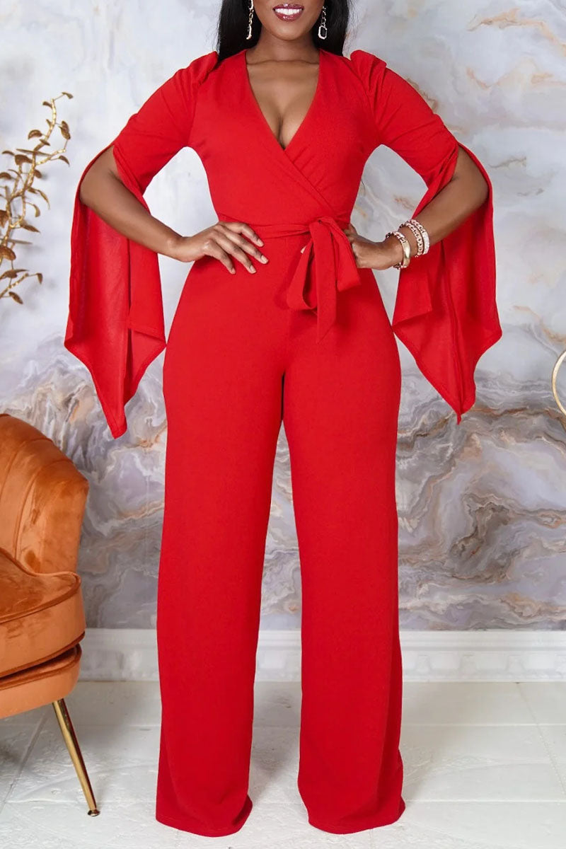 Women's Elegant Red High Waist Wide Leg Jumpsuit With Waist Tie