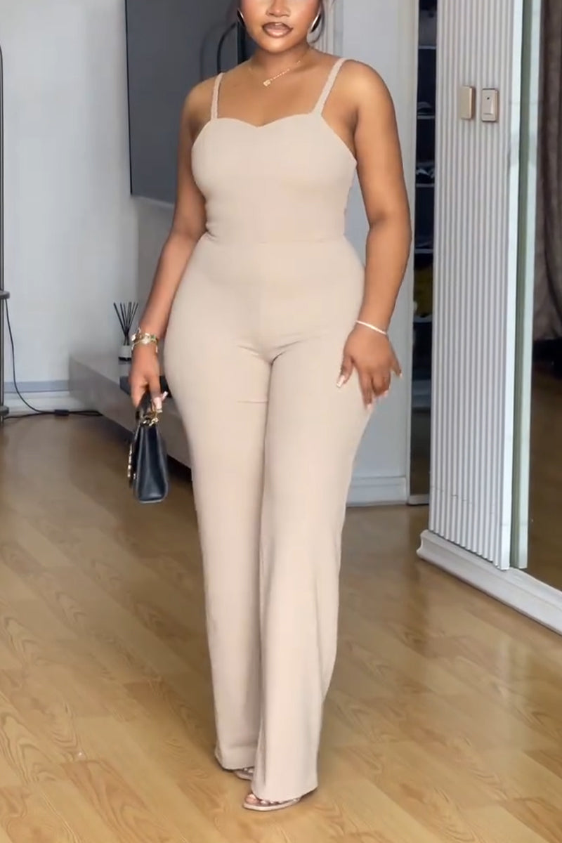 Women Inner Suspender Solid Color Jumpsuit + Long Cardigan Temperament Casual Set