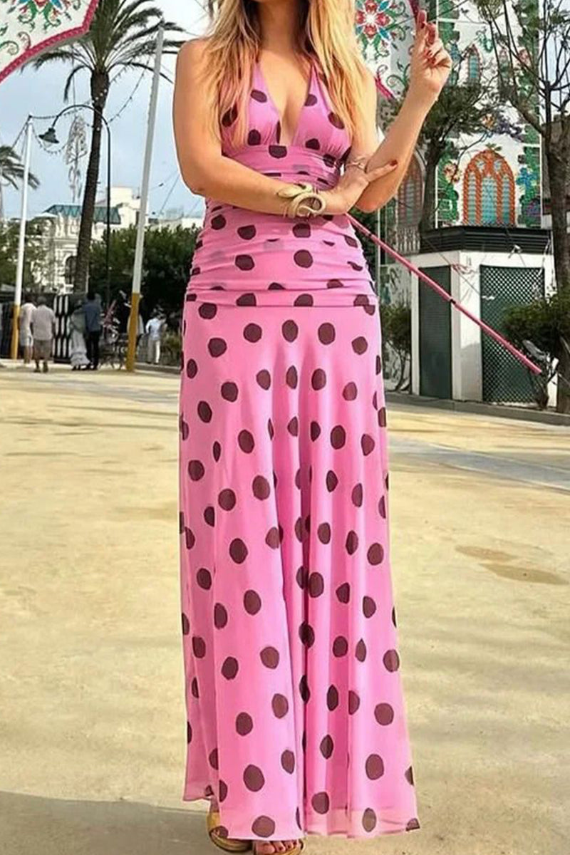 Women's Printed V Neck Tie Waist Long Vacation Dress