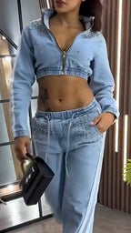 Women Round Neck Nail Drill Jacket+ Pants Casual Denim Suit