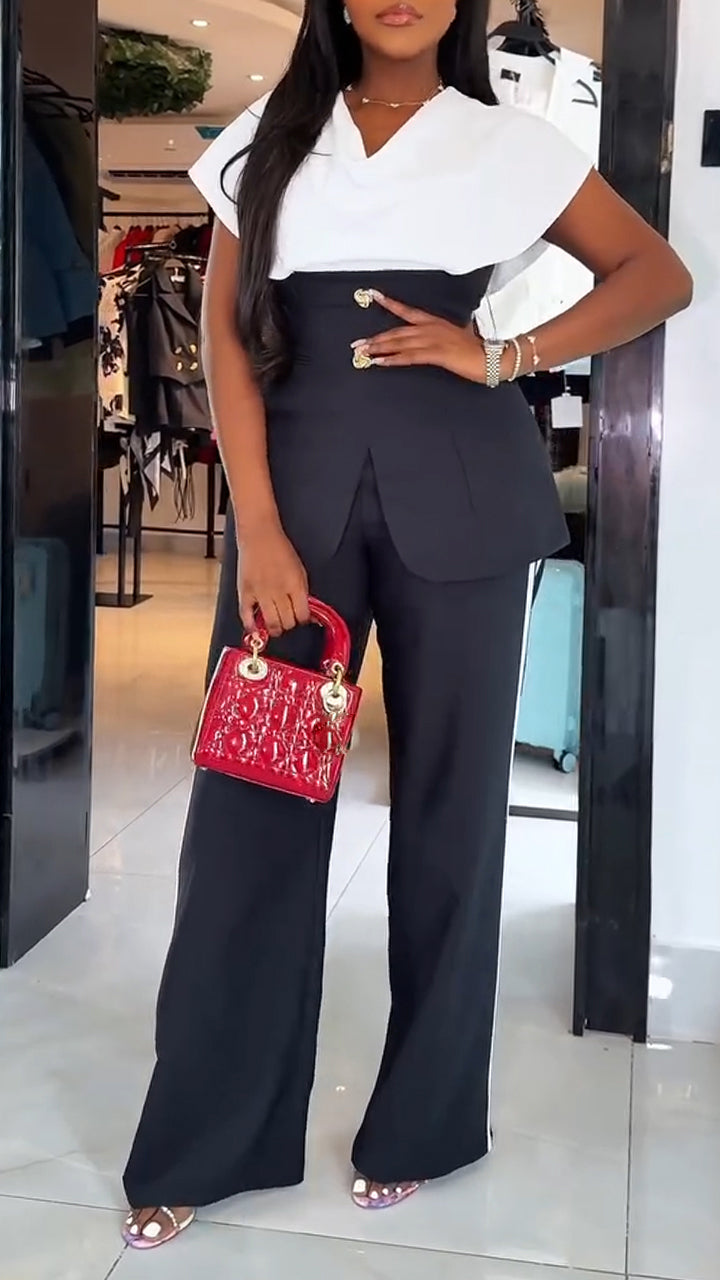 Womens V-neck Splicing Fake Two-piece Top + Pants Temperament Commuting Suit