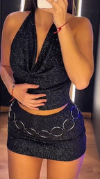 Women Neck Hanging Sequin Top+ Half Skirt Sexy Spicy Girl Casual Suit