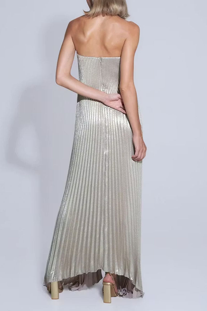Women's Metallic Silver Pleated Strapless High-Low Evening Gown