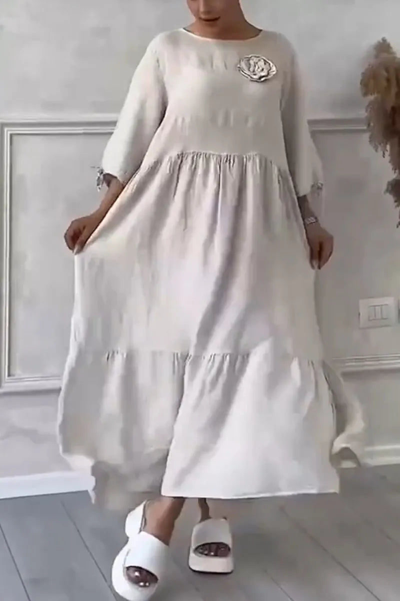 Women's Casual Cotton and Linen Gathered Floral Dress