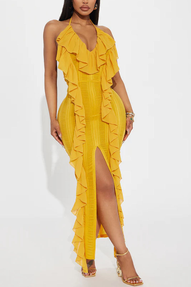 Women's Fashion Deep V-Neck Bodycon Ruffle Evening Dress