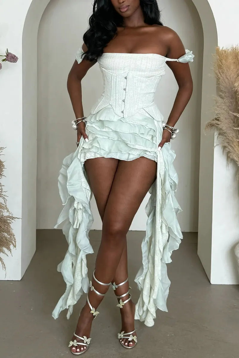 Women's Asymmetric Ruffle Hem Corset Dress With Removable Off-Shoulder Straps