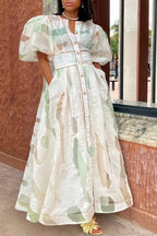Women's Elegant Print Puff Sleeve Waist-Defined Dress