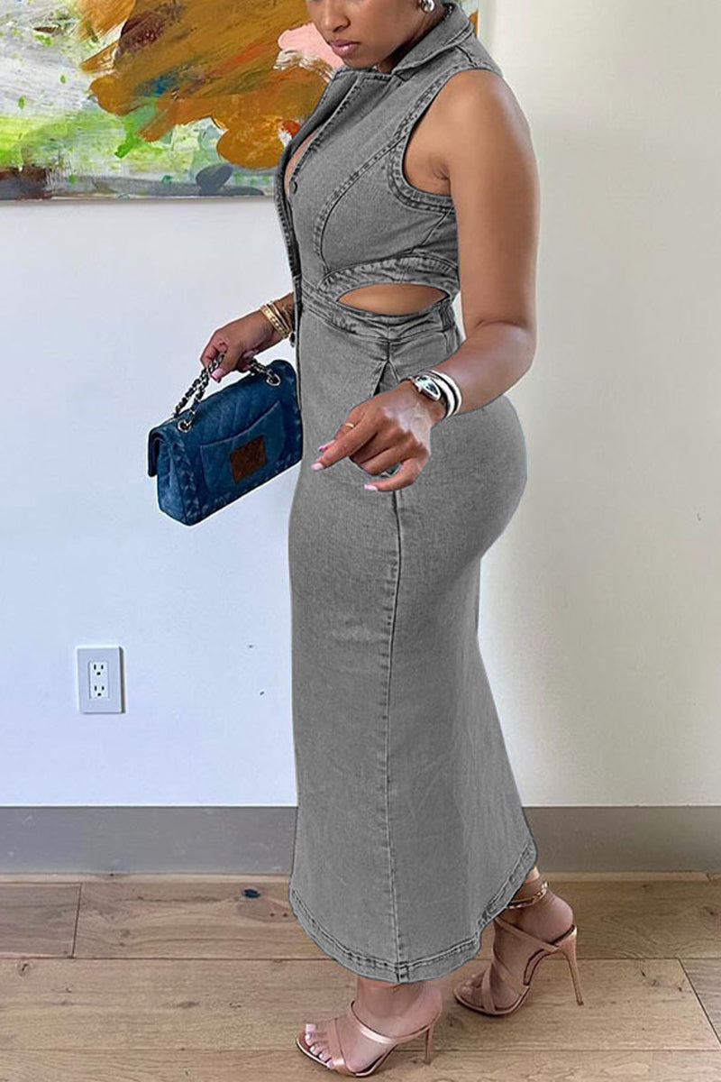 Women's Fashion Sleeveless Lapel Slit Denim Dress