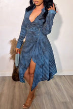 Women's Fashion Asymmetric Hem Stripe Print Dress