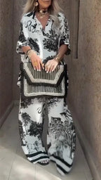 Women's V-neck Top + Printed Trousers Casual Suit