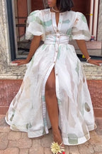 Women's Elegant Print Puff Sleeve Waist-Defined Dress