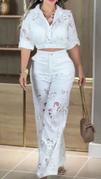 Women Laple Collar Pattern Hollow Leisure Set