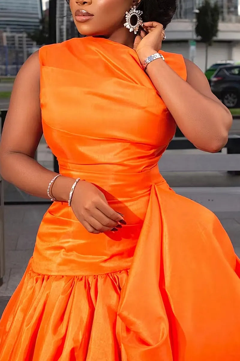 Women's Elegant Orange Satin Formal Dress with Draped Skirt and Asymmetrical Hem