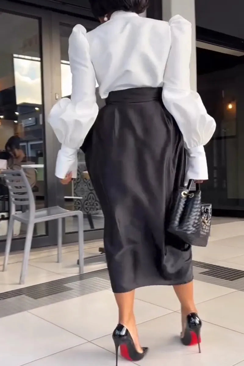 Women's Elegant Lantern Sleeve Shirts & High Waist Pleated Skirt