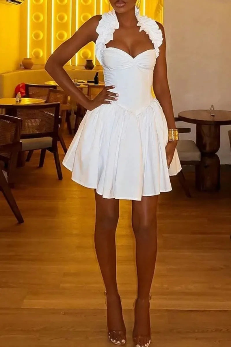 Women's Halter Corset Dress With Ruffled Collar Flared Skirt