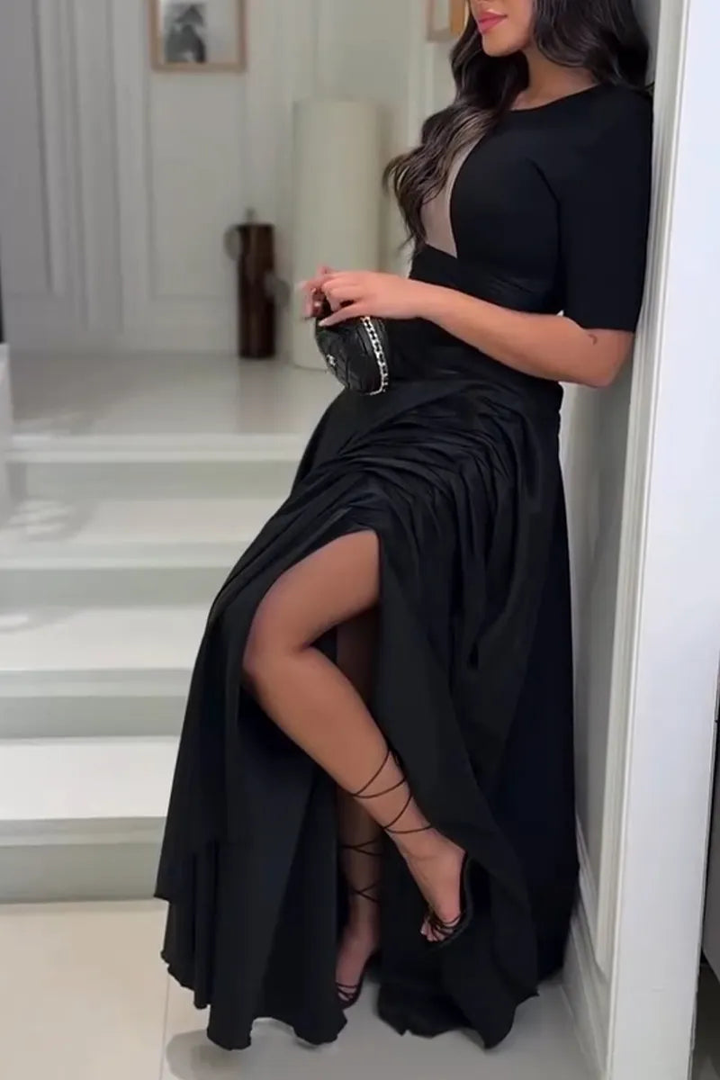 Women's Elegant Pleated Slit Hem Maxi Dress