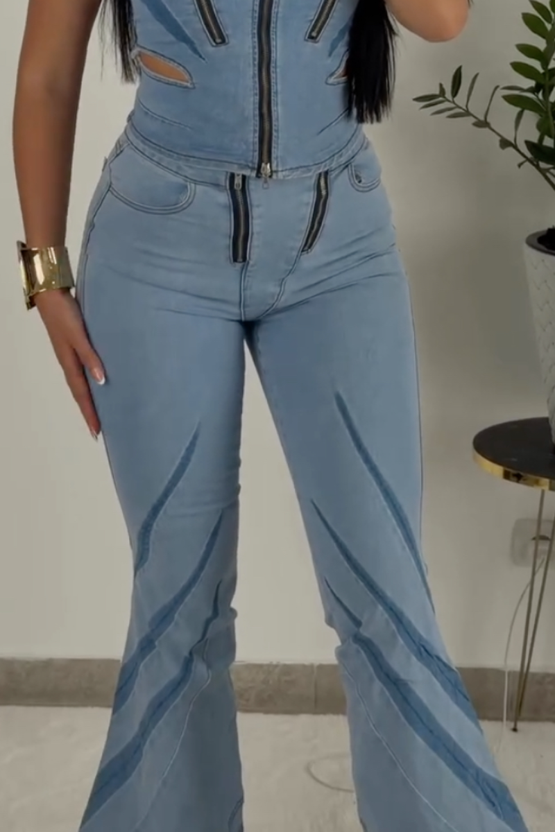 Women Strapless Patchwork Zipper Top + Pants Casual Denim Suit
