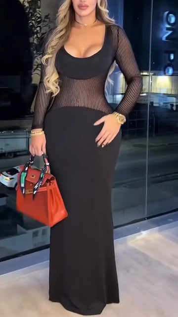 Women Low Neck Patchwork Hollow Slim Fit Elegant Temperament Dress