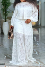 Women's Sheer Lace Long-Sleeve Top Or Wide-Leg Pants