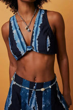 Women's Tie Dye Striped Sleeveless V Neck Knot Front Crop Bra Top Or High Waist Wide Leg Palazzo Pants