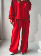Women Round Neck Spliced Sweatshirt + Drawstring Pants Casual Set