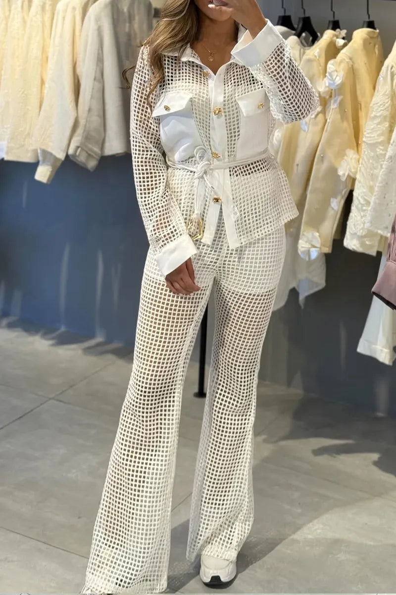 Women Collar Patchwork Pocket Hollowed Out Shirt+ Pants Casual Set