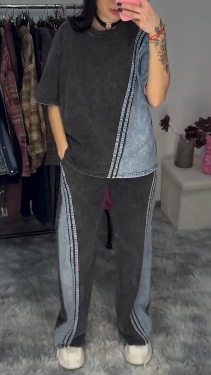 Women Round Neck Patchwork Casual Suit