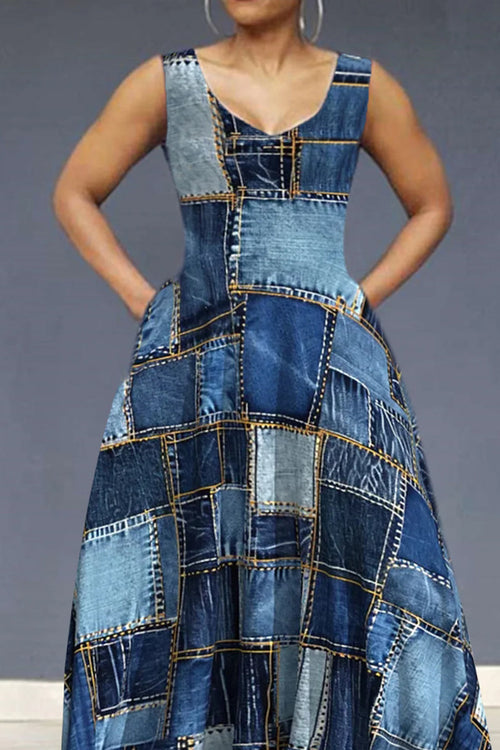 Hot Selling Women's Casual Vest Printed Long Denim Dress