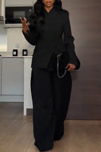 Women Round Neck Blazer +wide Leg Pants Temperament Commuting Formal Suit