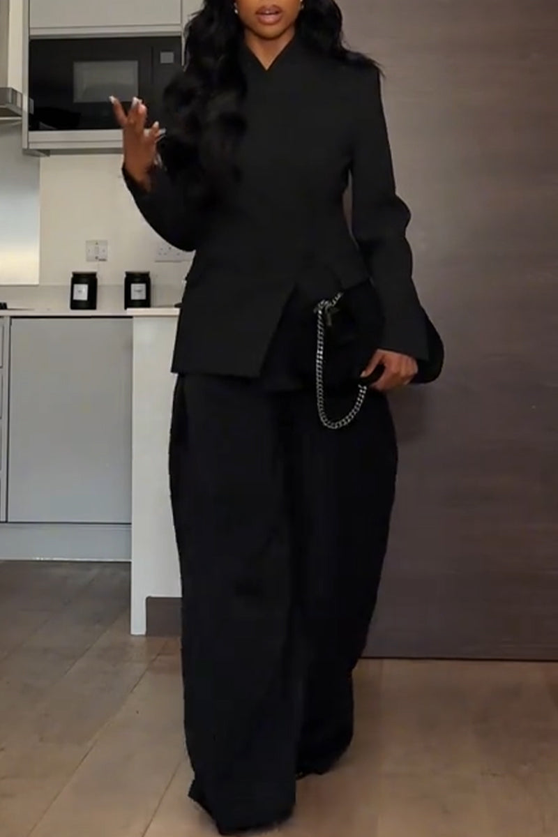 Women Round Neck Blazer +wide Leg Pants Temperament Commuting Formal Suit
