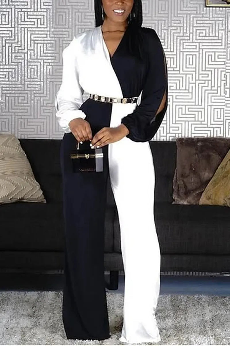 Women's Formal Two-Tone Jumpsuit with Belted Waist & Wide-Leg Pants