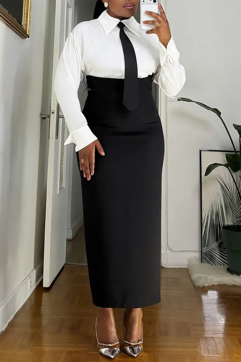 Women's Elegant Solid Shirts & High-Waist Bodycon Skirt