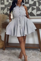 Women Collar Sleeveless Waist Cinched Elegant Casual Mini Dresses