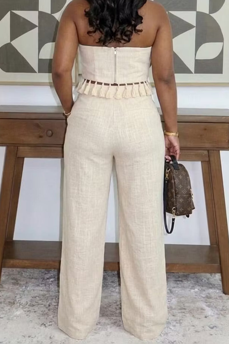 Women's Strapless Cropped Top With Fringed Hem Or Wide Leg Commuter Trousers
