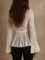 Vintage Boho Lace Flare Sleeve Tie-Front Peplum Top