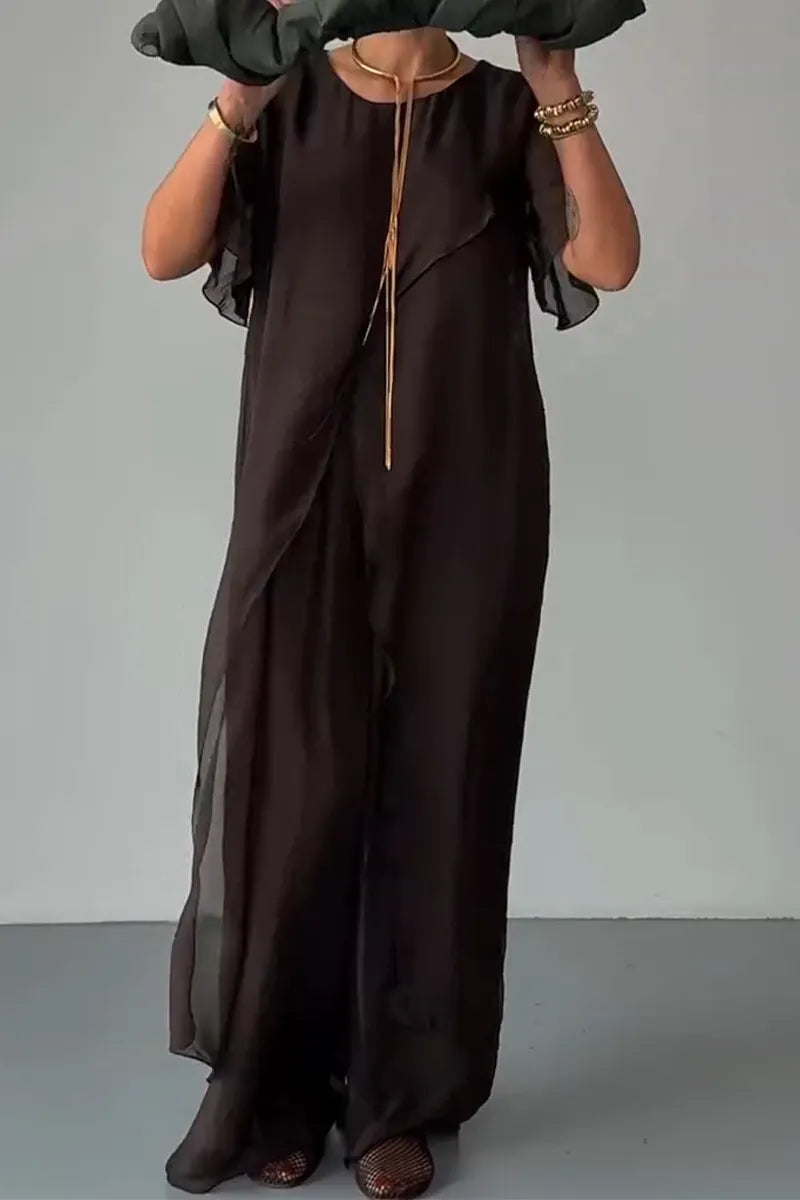 Women Round Neck Irregular Long Chiffon Top+ Wide Leg Pants Casual Suit