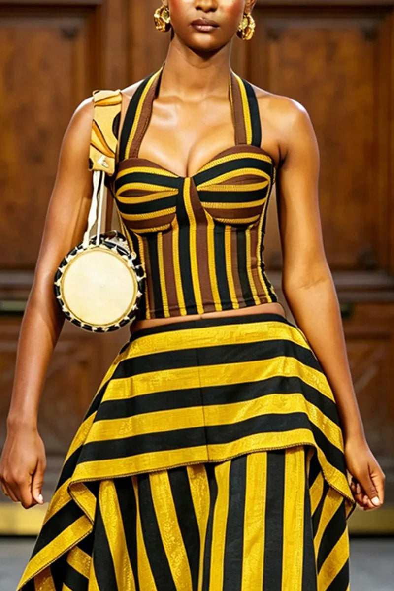 Women's Fashion Stripe Vest & Tiered Asymmetric Hem Skirt
